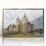Framed wall art depicting a stunning castle landscape design, featuring vibrant colors and intricate details, showcased in an elegant gold frame with acrylic front.