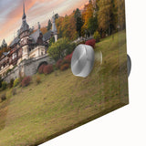 Close-up of a stunning acrylic glass wall art piece showcasing a vibrant landscape with a majestic castle, perfect for home decor and artistic displays. The intricate details and rich colors enhance any interior setting, making it an eye-catching focal point.
