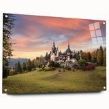 Acrylic glass wall art collection displaying a scenic landscape with a castle, featuring vibrant colors and intricate details, mounted with pins for easy display.