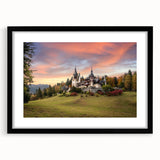 Framed black wall art featuring a scenic landscape design of a majestic castle, complete with a white mat, ideal for enhancing home decor aesthetics.