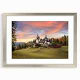 Framed wall art collection featuring a silver mat and landscape castle designs, elegantly displayed in a front view, perfect for home décor enhancement.