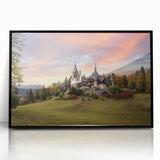 Framed acrylic wall art showcasing a stunning landscape of a majestic castle, featuring rich colors and intricate details, ideal for home decor enhancement.