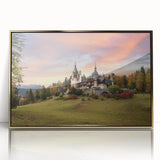 Framed acrylic wall art collection showcasing a stunning landscape with a majestic castle, accented by a gold border, ideal for home decor.
