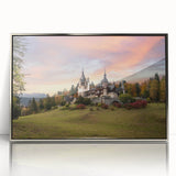 Framed acrylic wall art collection showcasing a stunning landscape of a castle, featuring silver accents and a sleek front view design. Ideal for home decor.