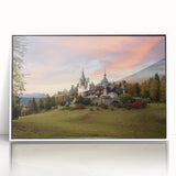 Framed wall art collection showcasing a stunning landscape with a castle, featuring a sleek white frame and clear acrylic front, perfect for home decor.