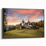 Framed canvas wall art collection showcasing a stunning landscape castle design, featuring intricate details in vibrant colors, displayed from a side view against a neutral background. Ideal for home decor enthusiasts seeking elegant artwork to enhance their living space.