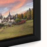Close-up of a framed canvas showcasing a vibrant landscape with a medieval castle, rich colors enhancing the detailed artwork, ideal for home decor.
