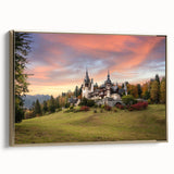 Framed canvas wall art showcasing a stunning landscape of castles, highlighted with golden accents, viewed from the side, perfect for enhancing any modern decor.