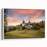 Framed canvas wall art showcasing a picturesque landscape with a castle, highlighted with vibrant colors and a sleek white frame, ideal for enhancing home decor.