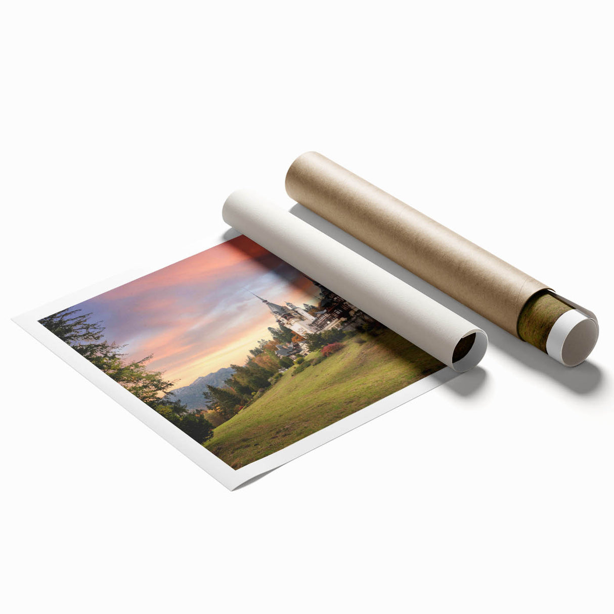 Rolled print of a stunning landscape castle design, showcasing intricate architectural details and vibrant colors, perfect for home decor.