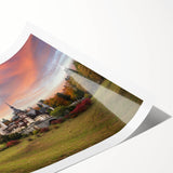 Rolled print showcasing a vibrant landscape of a historic castle surrounded by lush greenery, perfect for home decor or art collection. The artwork emphasizes intricate details and rich colors.