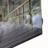 Close-up of a vibrant acrylic glass wall art piece showcasing a stunning landscape with a castle, featuring rich colors and intricate details, perfect for home decor.