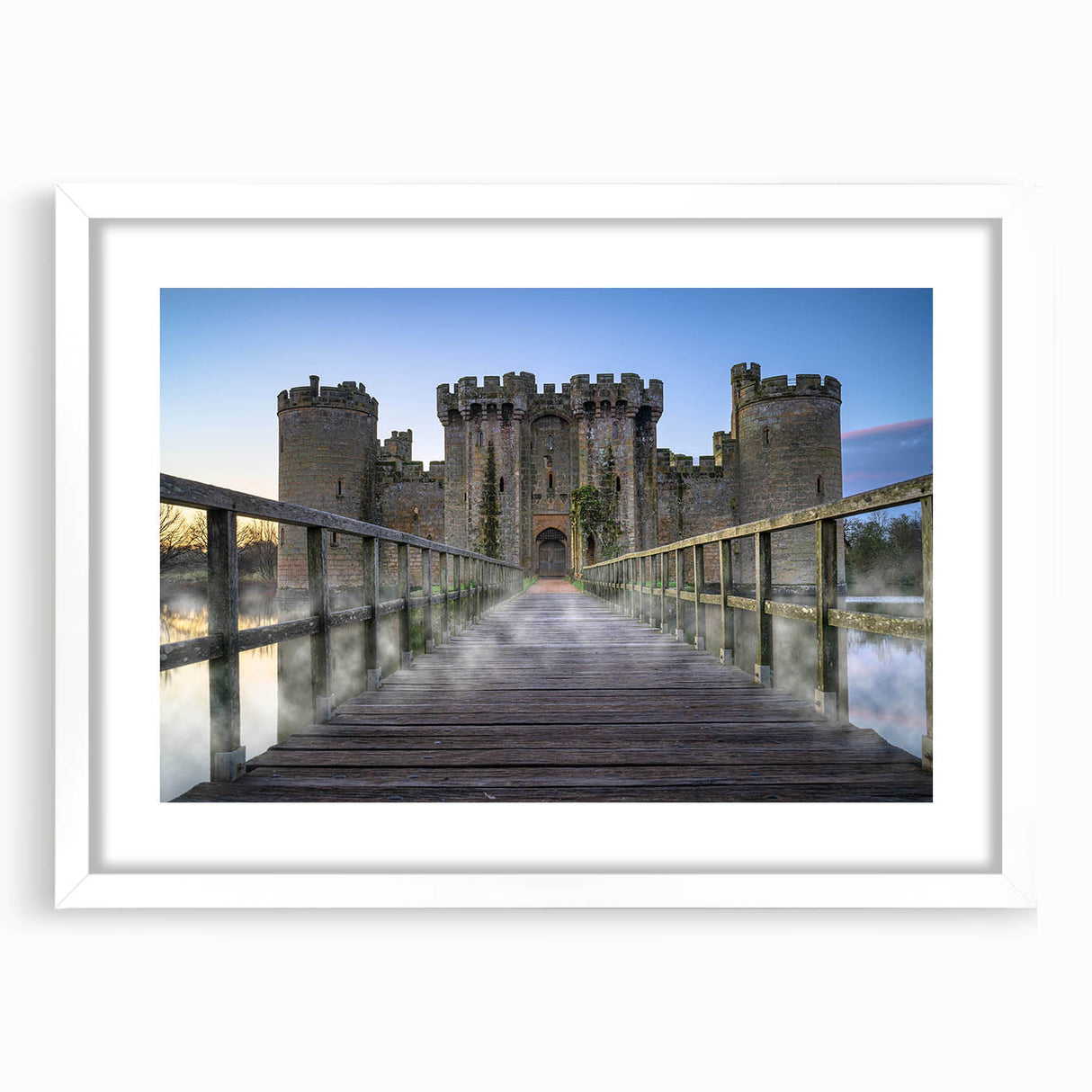 Framed wall art collection showcasing a stunning landscape and castle design, featuring a white mat and sleek frame, perfect for elegant home decor.