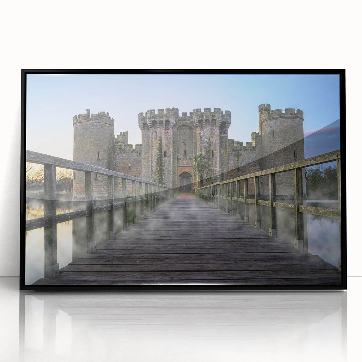 Framed wall art collection showcasing a stunning landscape of a castle in a vibrant color palette, featuring a sleek black frame and acrylic front for a modern touch. Perfect for enhancing any home décor with a touch of elegance and charm.