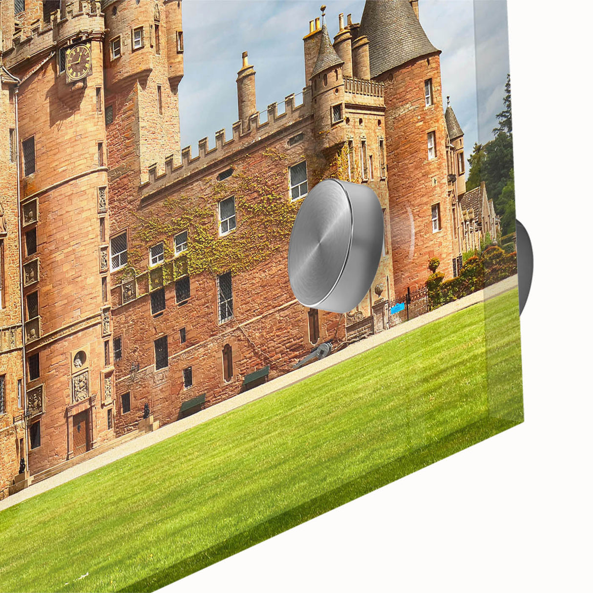 Close-up of a vibrant acrylic glass wall art piece showcasing a stunning castle landscape design, featuring rich colors and intricate details, perfect for home decor.