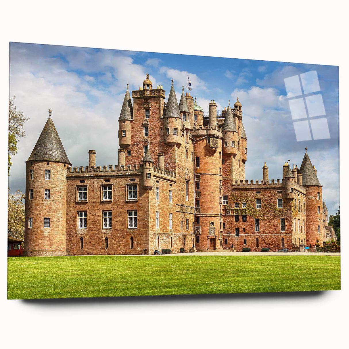 Elegant acrylic wall art showcasing a side view of a stunning castle landscape, featuring vibrant colors and intricate details, perfect for home décor.