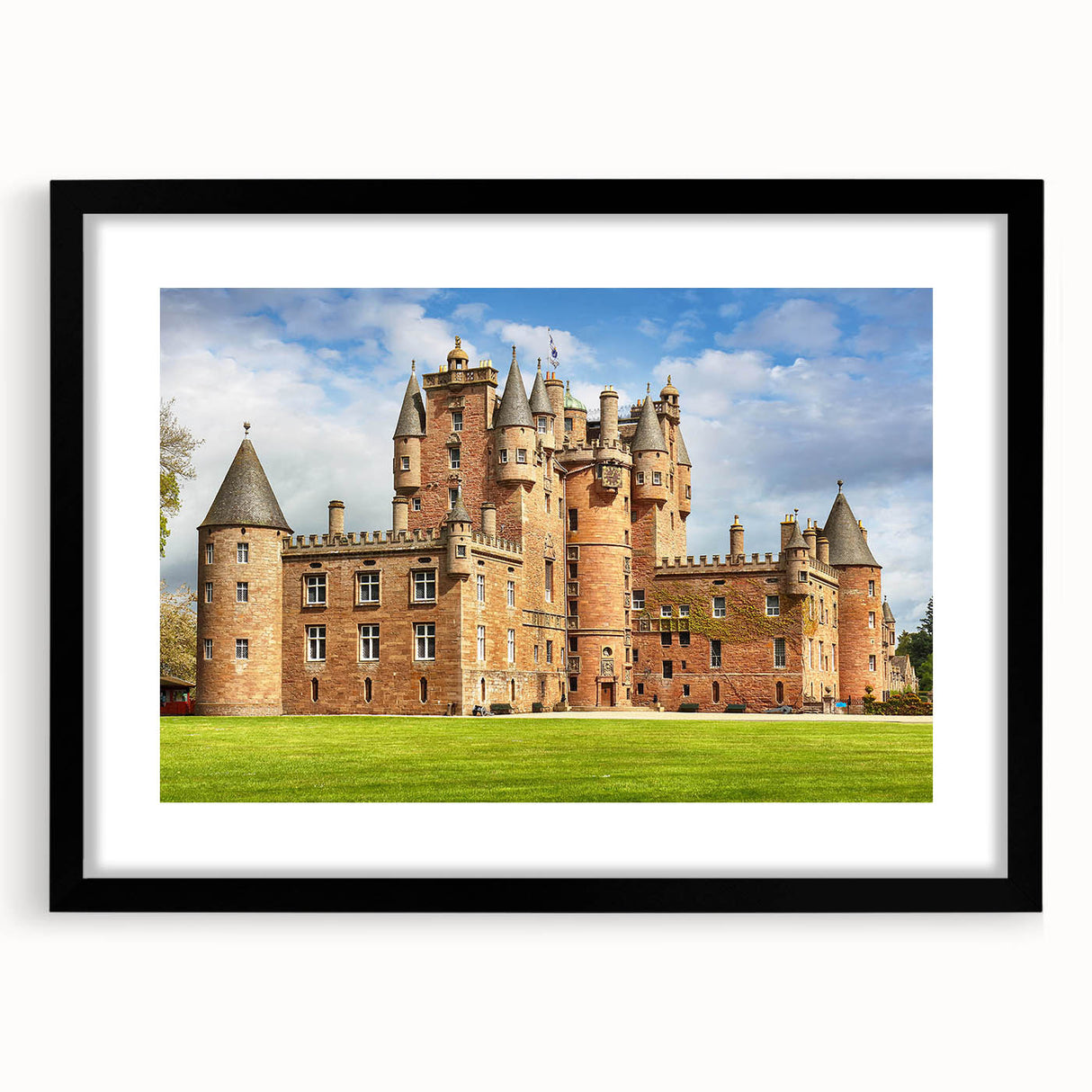 Framed wall art collection featuring landscapes and castles in a sleek black frame with a mat, ideal for home decor and enhancing interior aesthetics.