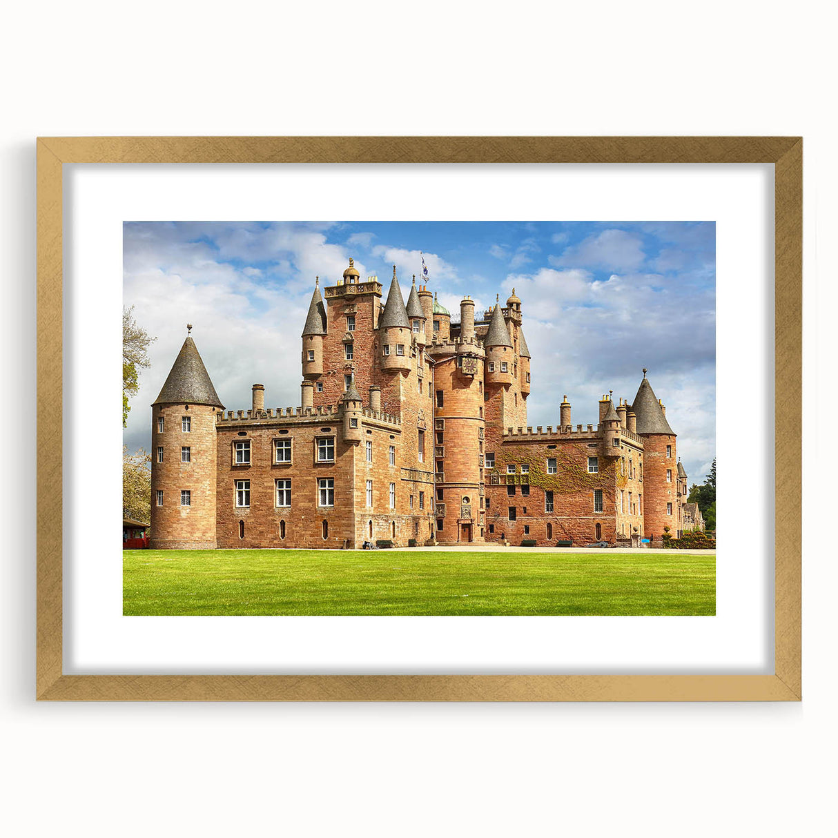 Elegant gold-framed wall art collection depicting serene landscapes and majestic castles, featuring a mat border for added sophistication. Perfect for enhancing home decor.