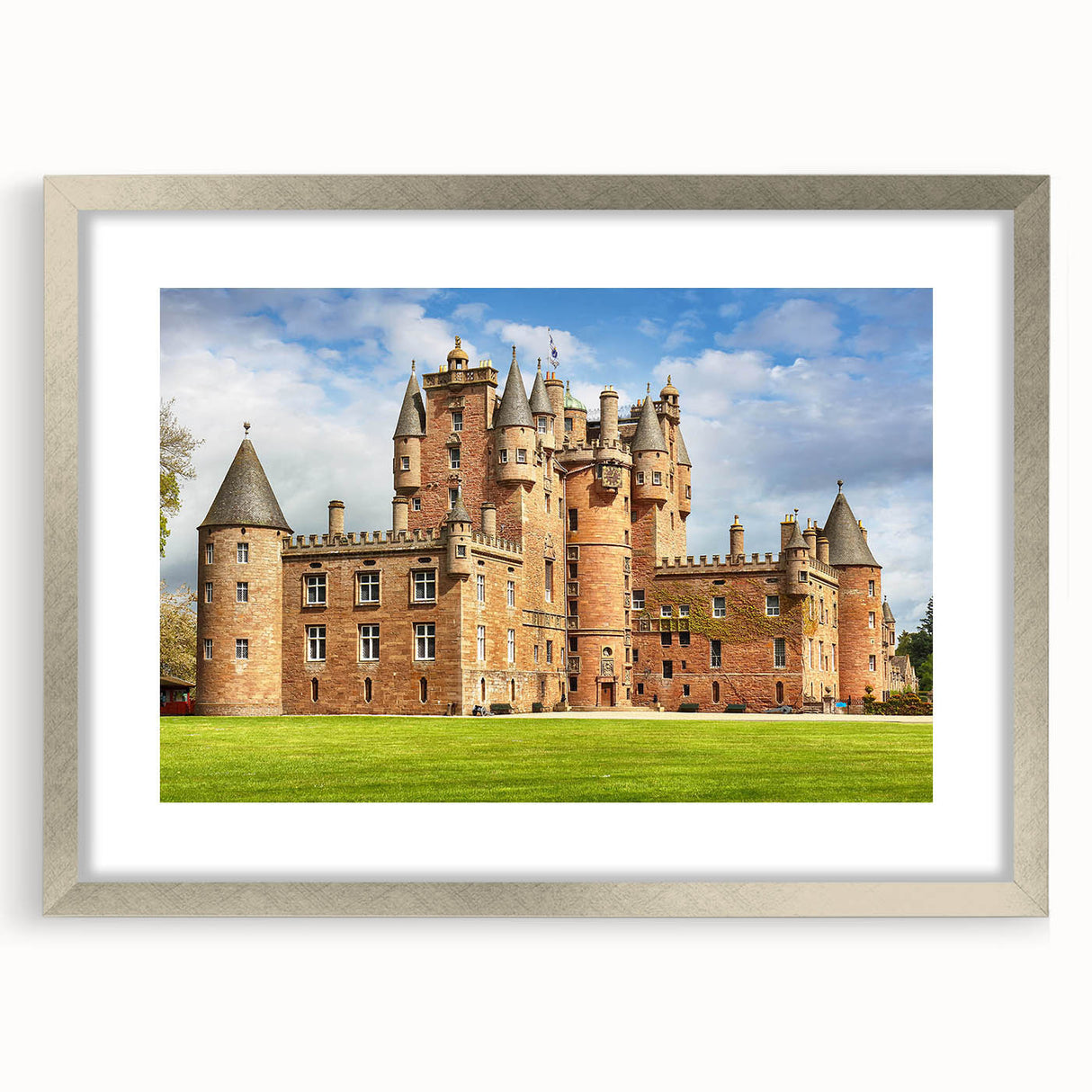 Elegant silver-framed wall art collection featuring stunning landscape and castle designs, complete with a mat for added sophistication, ideal for home decor.