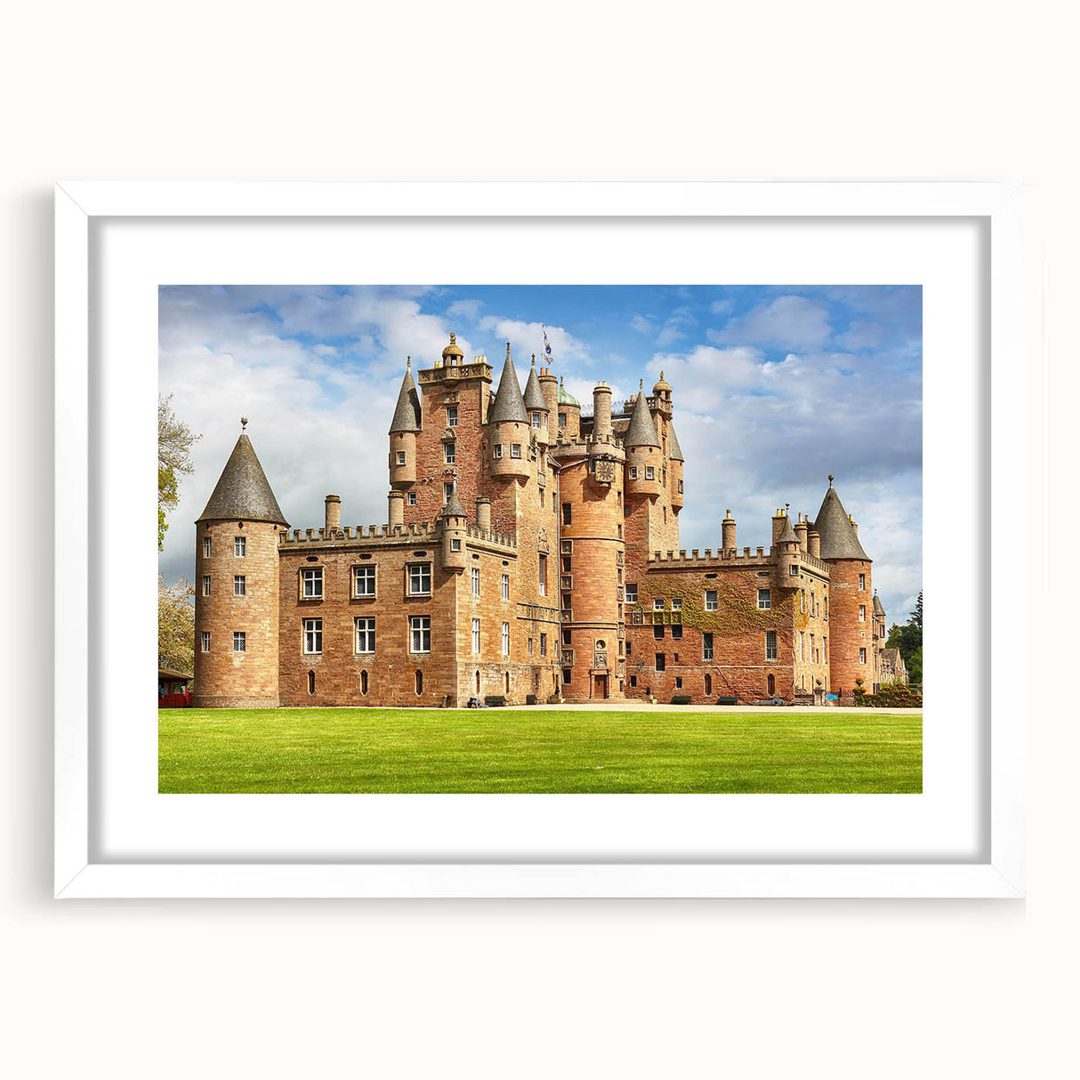 Framed landscape wall art collection showcasing a picturesque castle design with a white mat, perfect for enhancing home decor and adding elegance to any room.