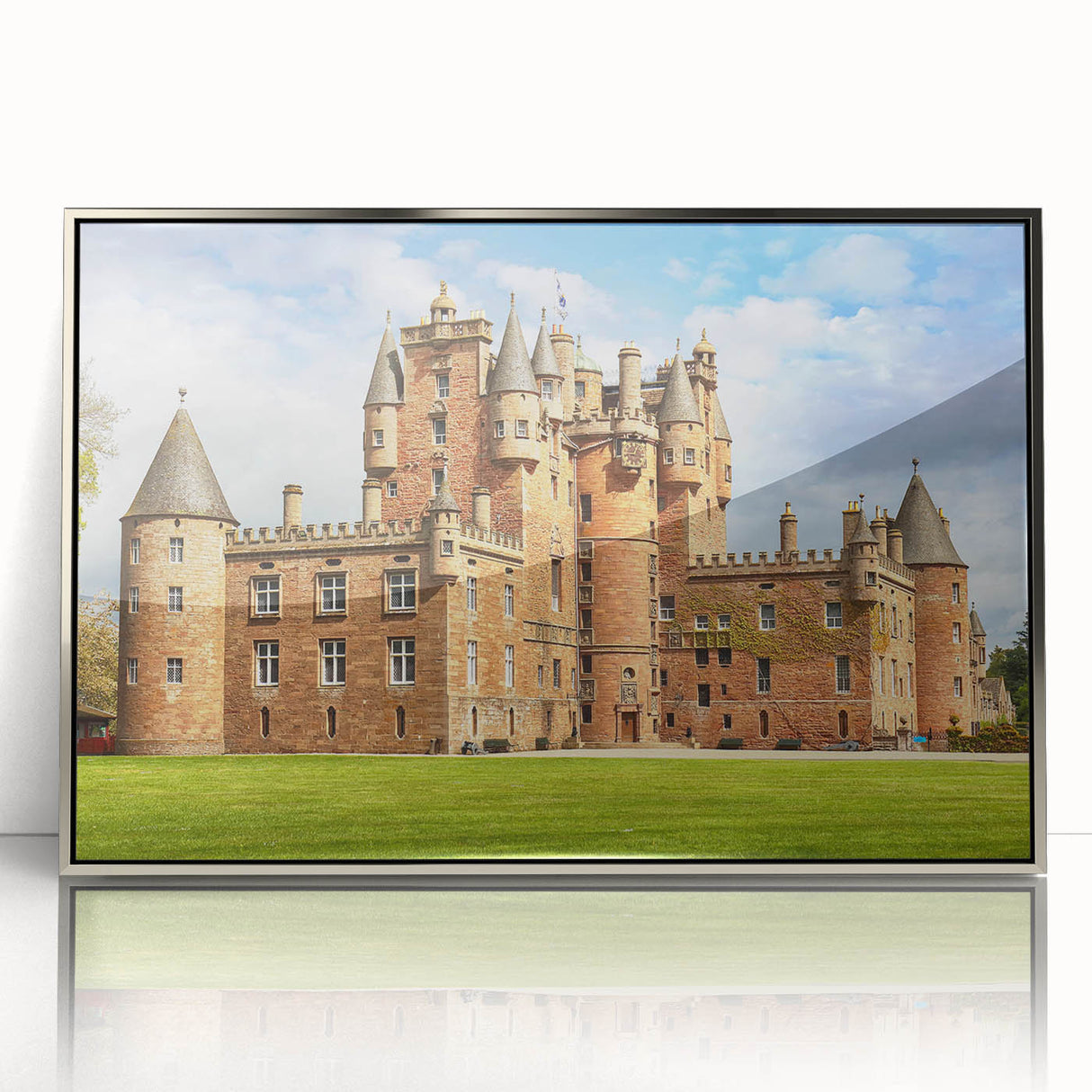 Framed acrylic wall art collection featuring a stunning landscape of a castle, highlighted with silver accents, perfect for enhancing modern interior decor.