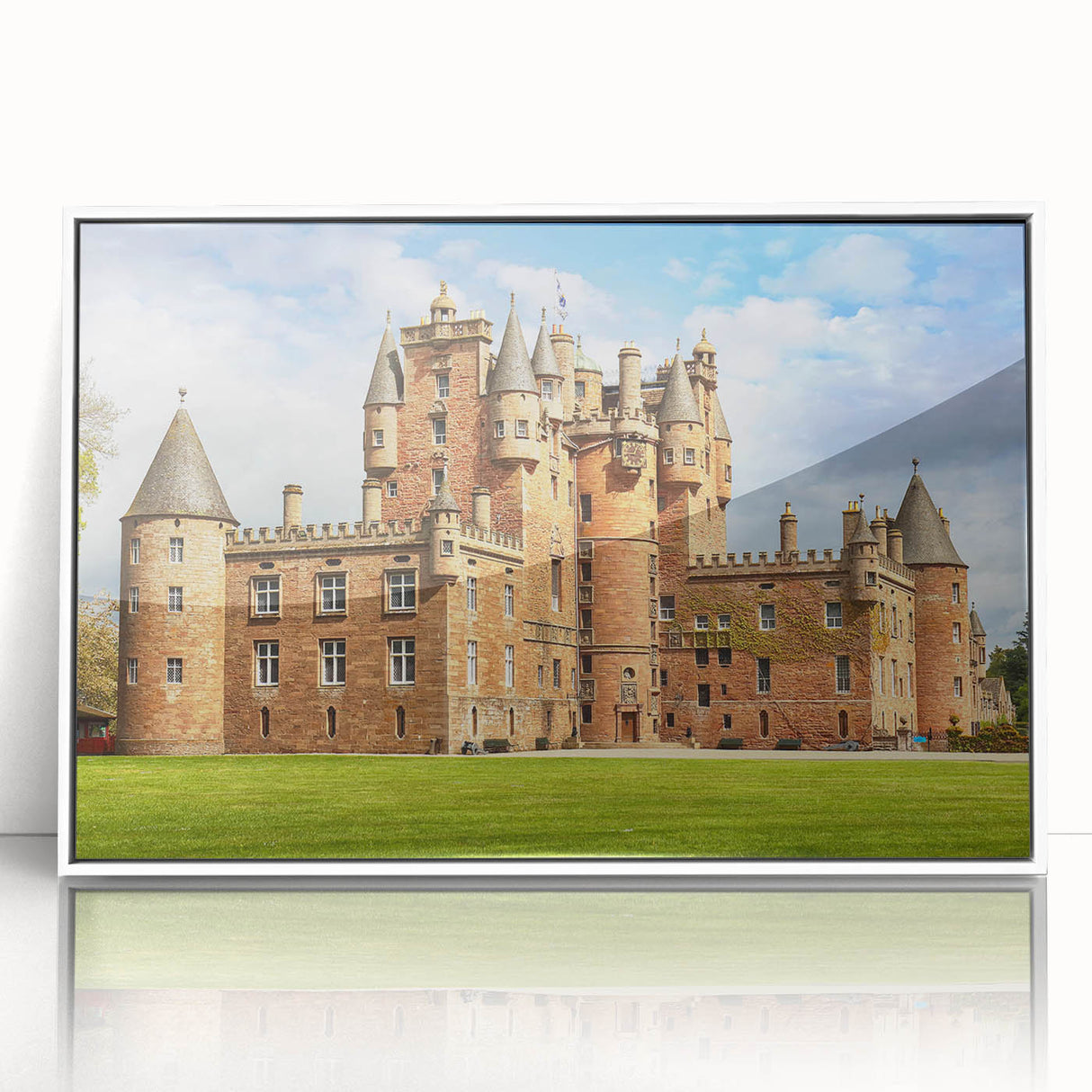 Framed acrylic wall art showcasing a picturesque landscape with a castle, set against a serene backdrop, perfect for enhancing home decor aesthetics.