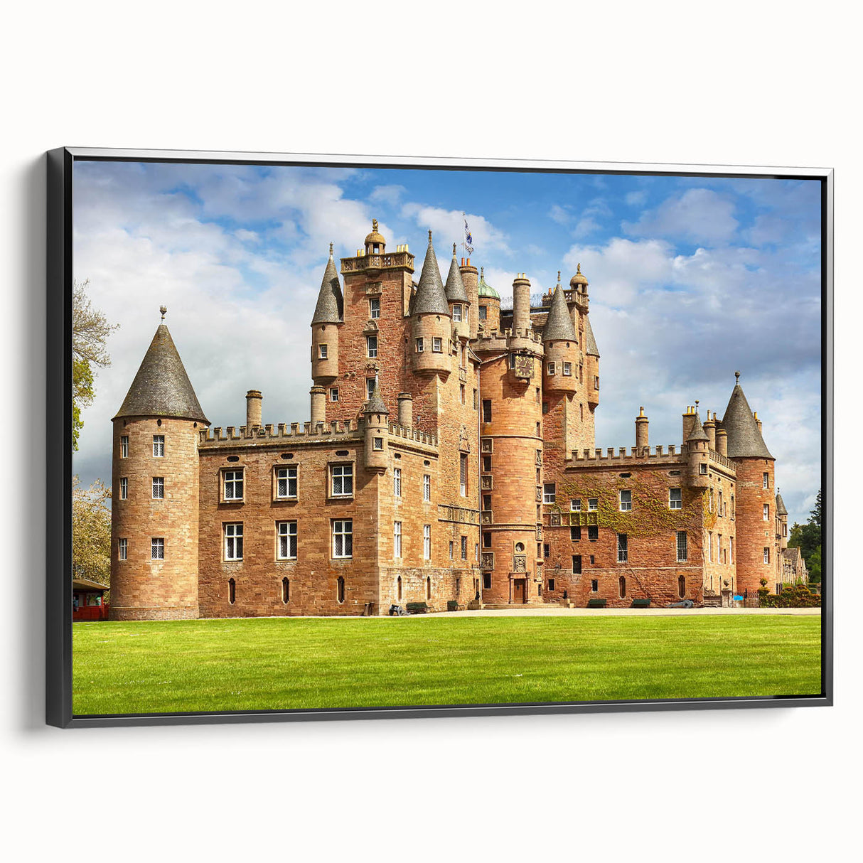 Framed canvas wall art showcasing a majestic castle landscape design, featuring vibrant colors and intricate details, perfect for home decor and interior styling.