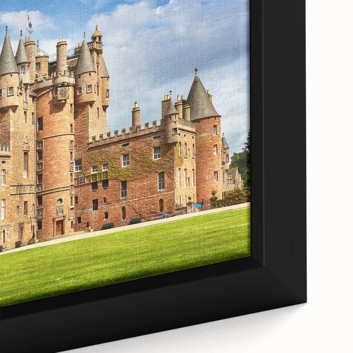Framed canvas wall art showcasing a close-up of a stunning landscape castle design, featuring vibrant colors and intricate details, perfect for home decor.