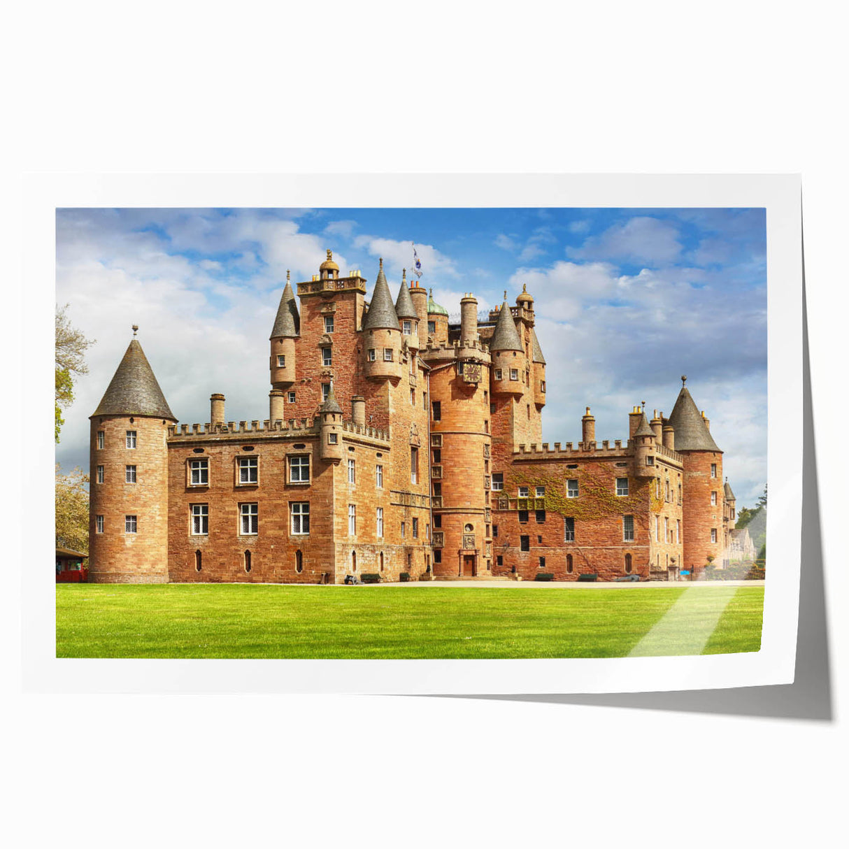 Rolled print showcasing a stunning landscape castle design in vibrant colors, perfect for home decor. Ideal for art enthusiasts seeking unique wall art.