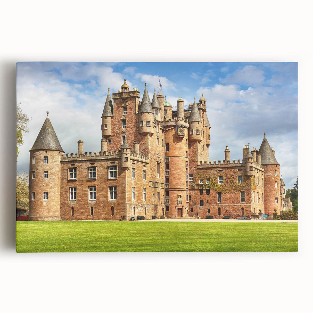 Stretched canvas artwork showcasing a stunning landscape featuring a majestic castle surrounded by lush greenery, perfect for enhancing home decor with elegance.