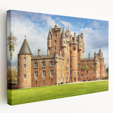 Stretched canvas wall art showcasing a vibrant landscape with a majestic castle, featuring rich colors and intricate details, ideal for home decor enhancement.