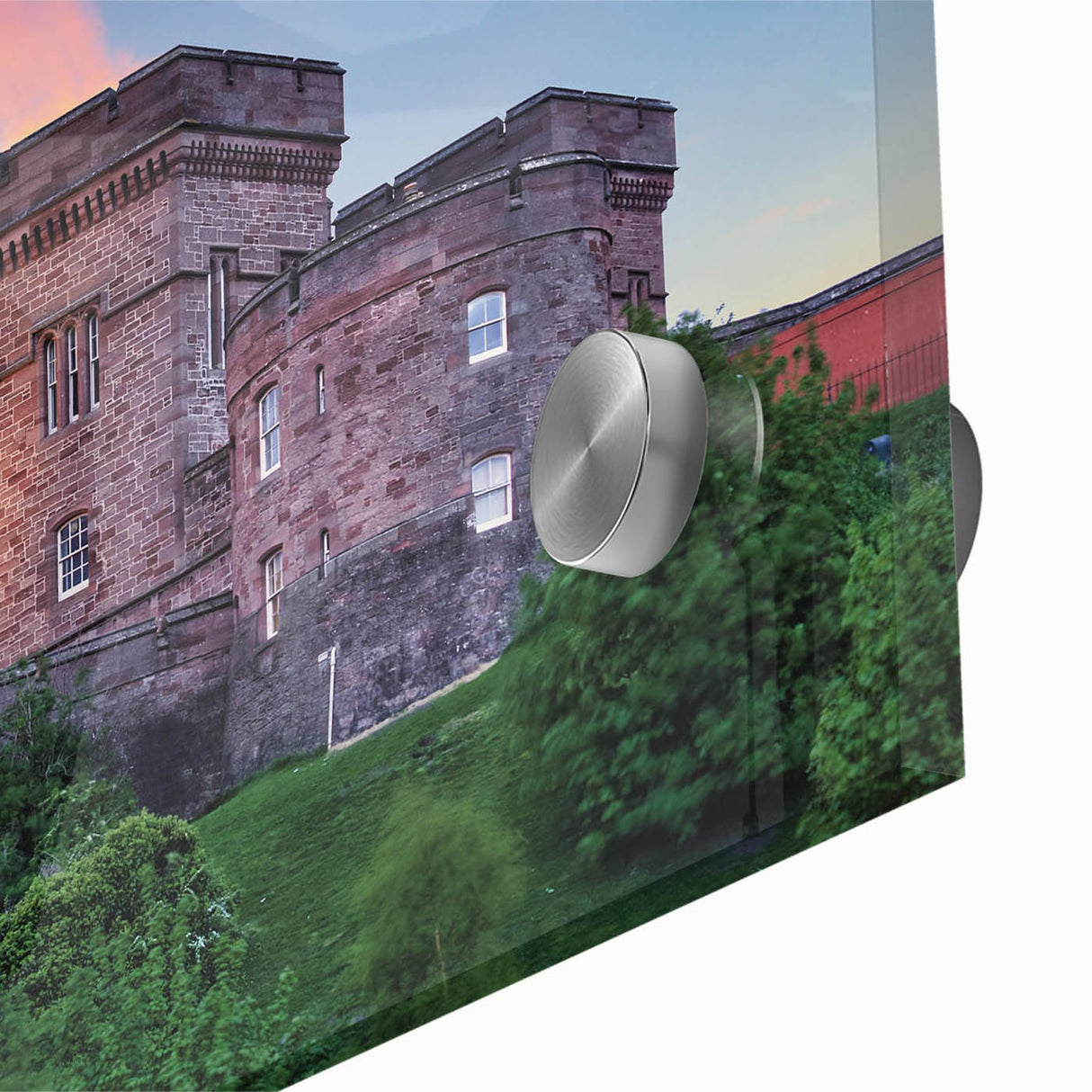 Close-up of a vibrant acrylic glass wall art piece depicting a picturesque castle landscape, showcasing rich colors and intricate details, perfect for home decor.