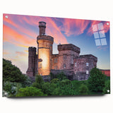 Acrylic glass wall art collection showcasing a vibrant landscape with a castle, displayed from a side view, elegantly pinned for a modern aesthetic.