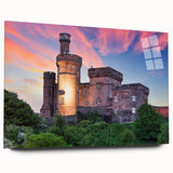 Elegant acrylic glass wall art collection showcasing a stunning landscape and castle design, displayed in a side view against a neutral backdrop, perfect for home decor.