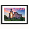 Framed wall art collection showcasing a picturesque landscape with a castle design, featuring a sleek black frame and mat, ideal for home decor.