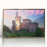 Framed acrylic wall art showcasing a majestic castle landscape design in gold tones, elegantly displayed with a sleek front view, perfect for home decor.