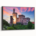 Framed canvas artwork showcasing a stunning landscape with a castle, featuring a black frame and side profile view, perfect for enhancing home decor. Ideal for art enthusiasts and castle lovers.