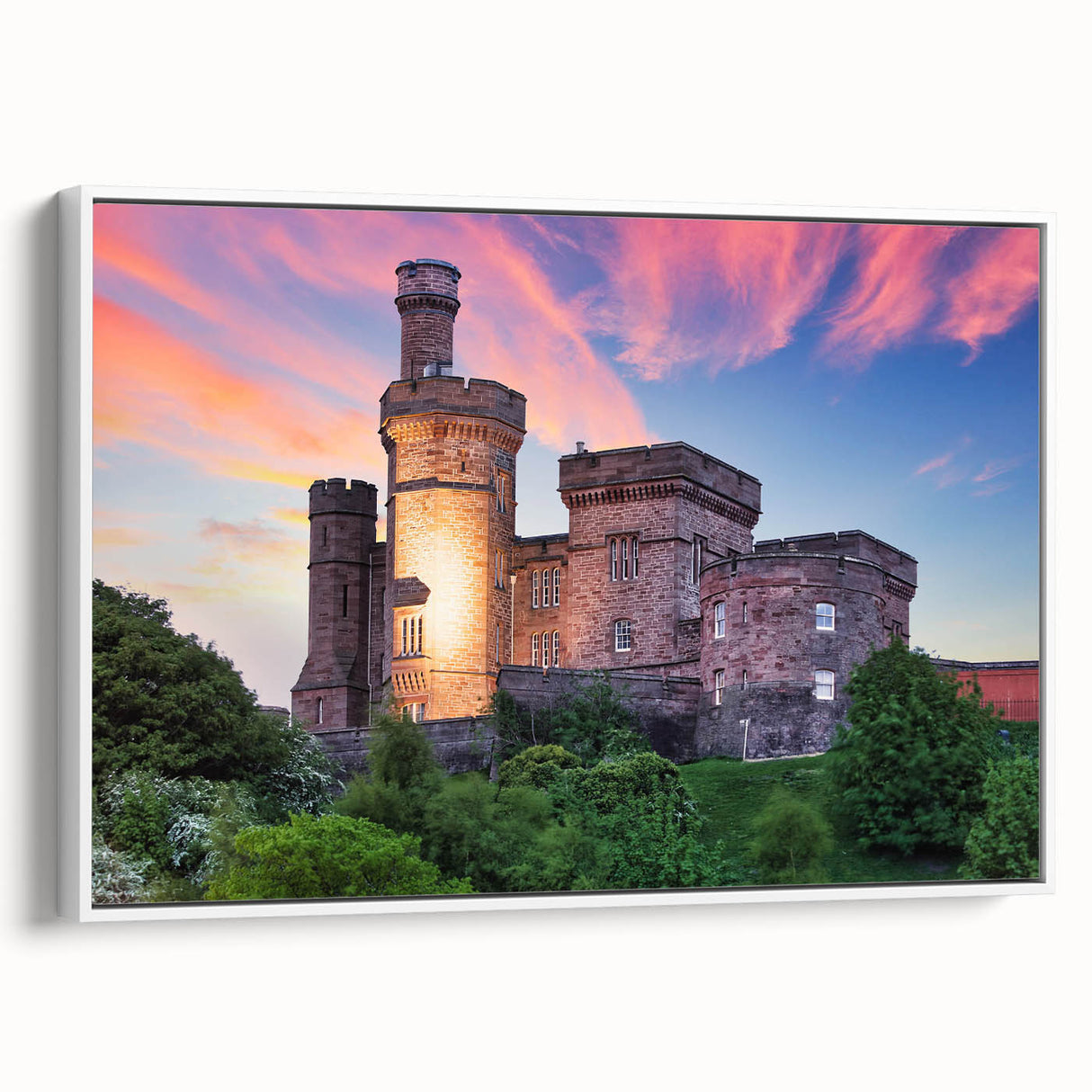 Framed canvas wall art showcasing a picturesque landscape with a castle, featuring vibrant colors and intricate details, perfect for home decor enhancement.