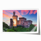 Vibrant rolled print showcasing a stunning landscape of a medieval castle surrounded by lush greenery, ideal for home decor and art enthusiasts.
