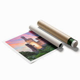 Rolled print showcasing a vibrant landscape with a majestic castle, featuring rich colors and intricate details, ideal for home decor and art enthusiasts.