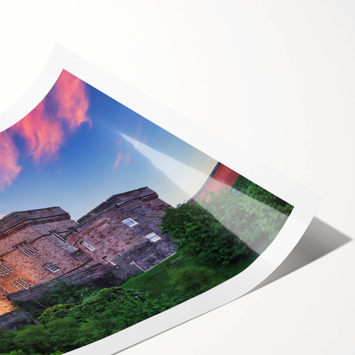 Rolled print of a stunning landscape featuring a majestic castle surrounded by lush greenery, designed for wall art collection, showcasing vibrant colors and intricate details. Ideal for enhancing home decor with a touch of elegance and history.