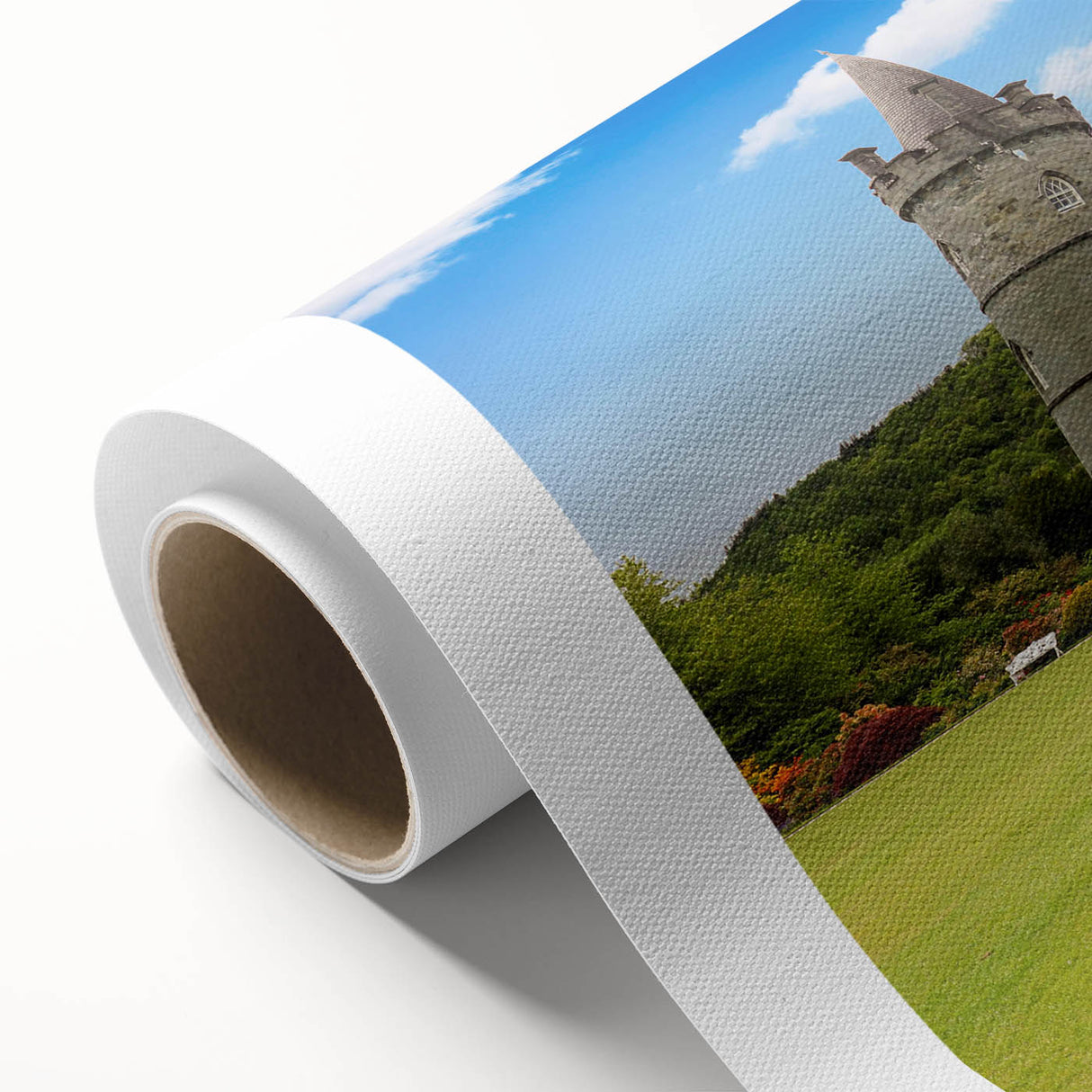 Rolled canvas artwork showcasing a stunning landscape of a majestic castle set against a vibrant sunset, perfect for home decor and wall art enthusiasts.