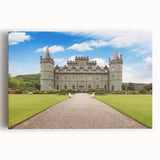 Stretched canvas wall art showcasing a detailed landscape of a majestic castle surrounded by lush greenery, perfect for enhancing home decor with a touch of elegance and history.