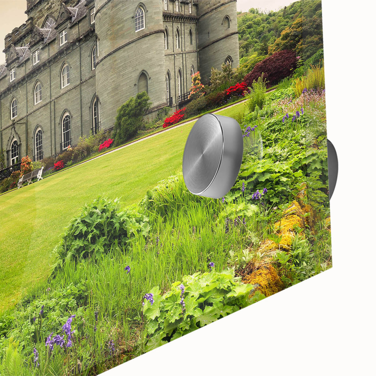 Close-up of an elegant wall art piece showcasing a vibrant landscape with a castle design, printed on high-quality acrylic glass, perfect for home decor.