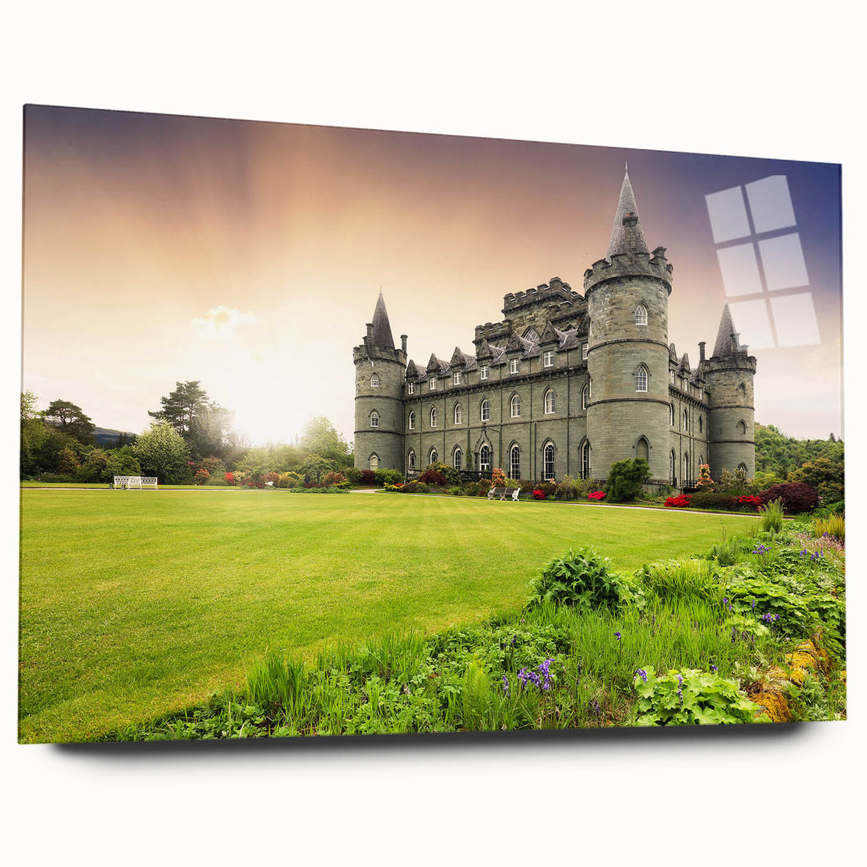 Acrylic glass wall art collection showcasing a stunning landscape with a castle, viewed from the side, perfect for home decor. Vibrant colors enhance the majestic scenery.