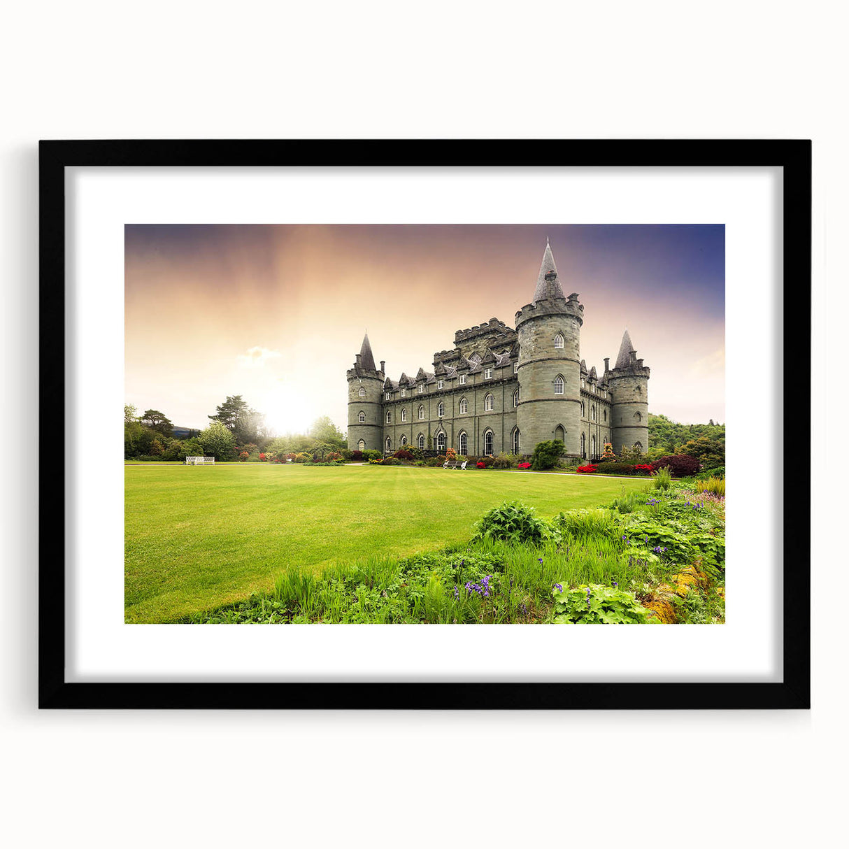 Framed black wall art showcasing a stunning landscape with a majestic castle, designed with a modern mat for an elegant presentation, perfect for enhancing home decor.