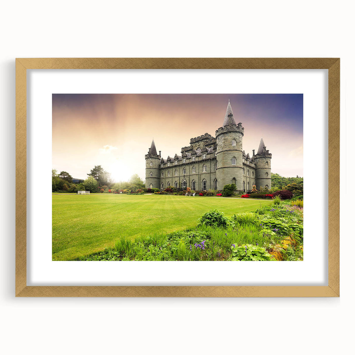 Elegant gold-framed wall art featuring a stunning landscape and castle design, complete with a mat for an upscale presentation, ideal for home decor enhancement.