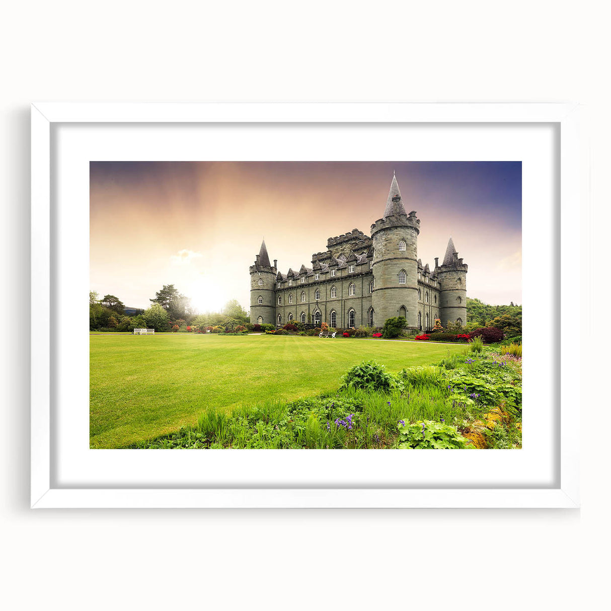 Framed wall art collection featuring a scenic landscape with a majestic castle, set in a white mat, perfect for enhancing home decor aesthetics.