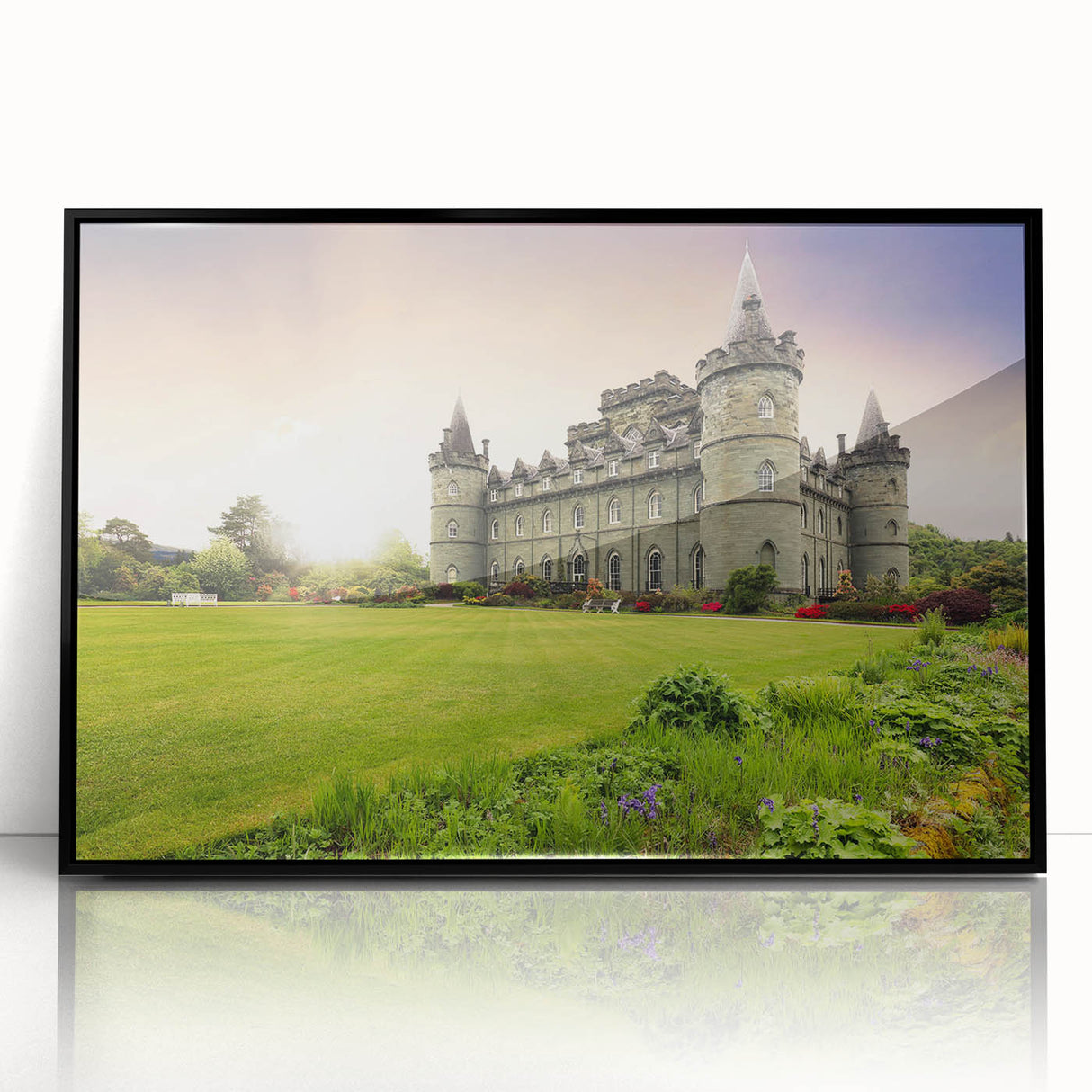 Framed wall art collection showcasing a stunning landscape with a castle scene, designed in an elegant black frame, perfect for home decor enhancement.