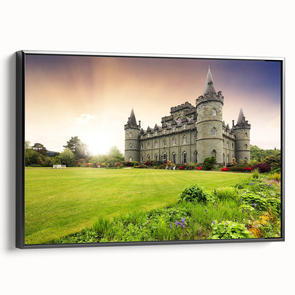 Framed canvas wall art showcasing a stunning landscape with a castle design, featuring rich colors and intricate details, ideal for enhancing home decor.
